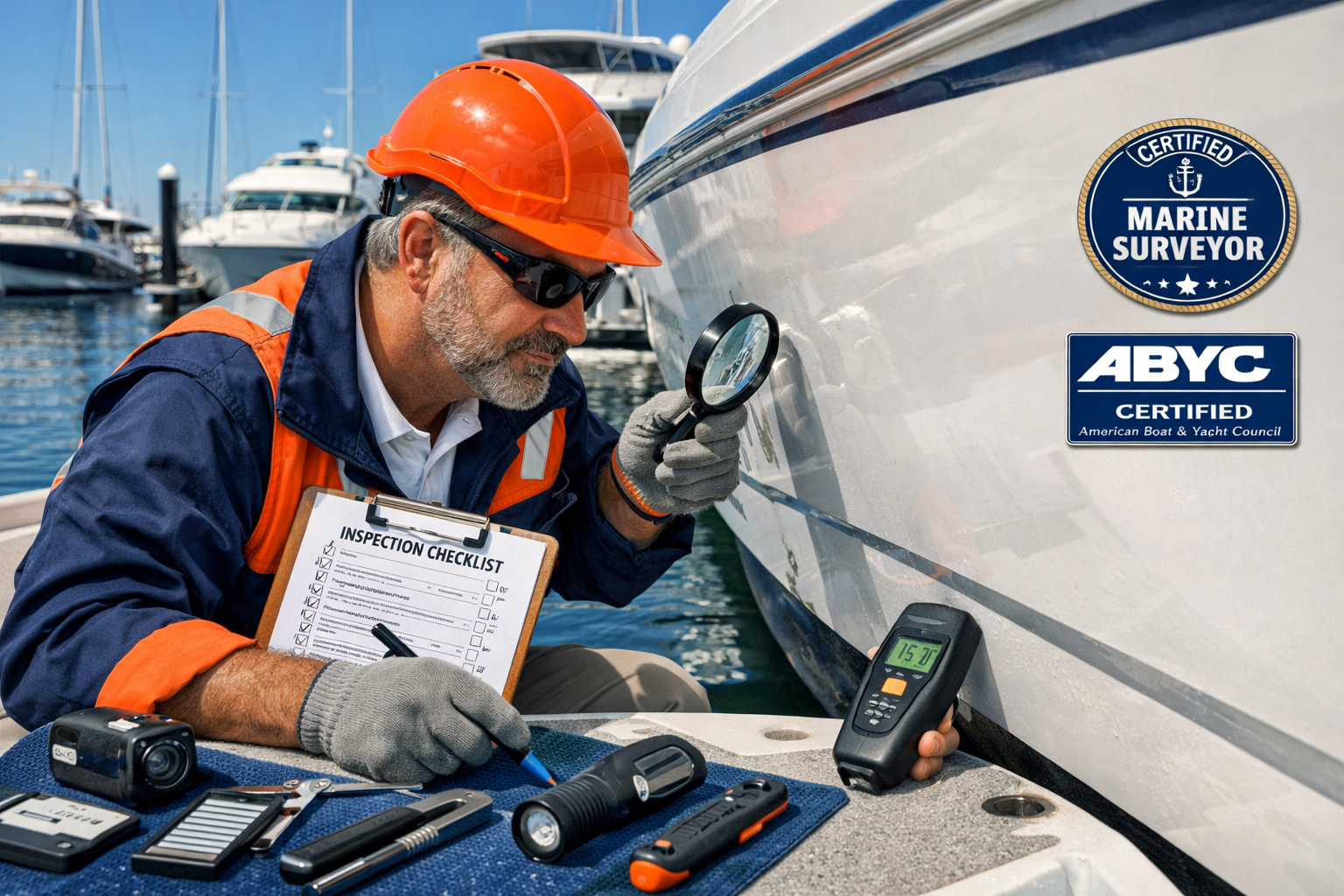 Detailed landscape editorial image (1536x1024) showing professional marine surveyor conducting thorough pre-purchase vessel inspection at mo