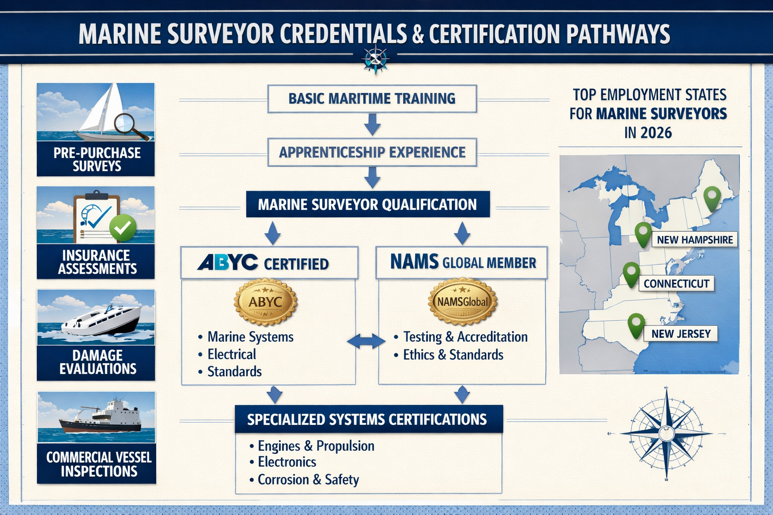 Comprehensive landscape infographic image (1536x1024) displaying marine surveyor credentials and certification pathways with clean visual hi