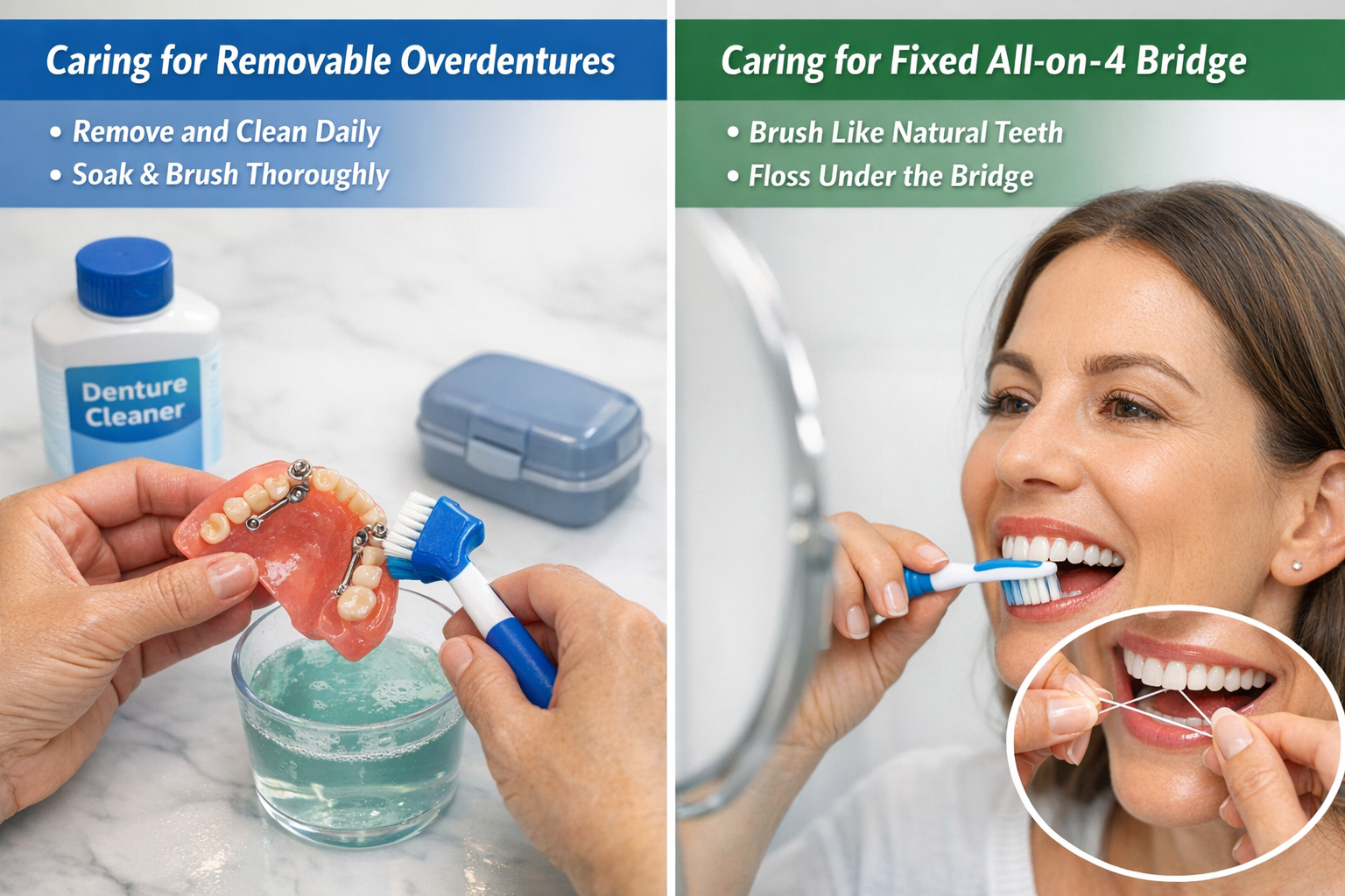 Landscape format (1536x1024) image depicting the maintenance routines for both dental solutions. On the left, a person is shown carefully cl