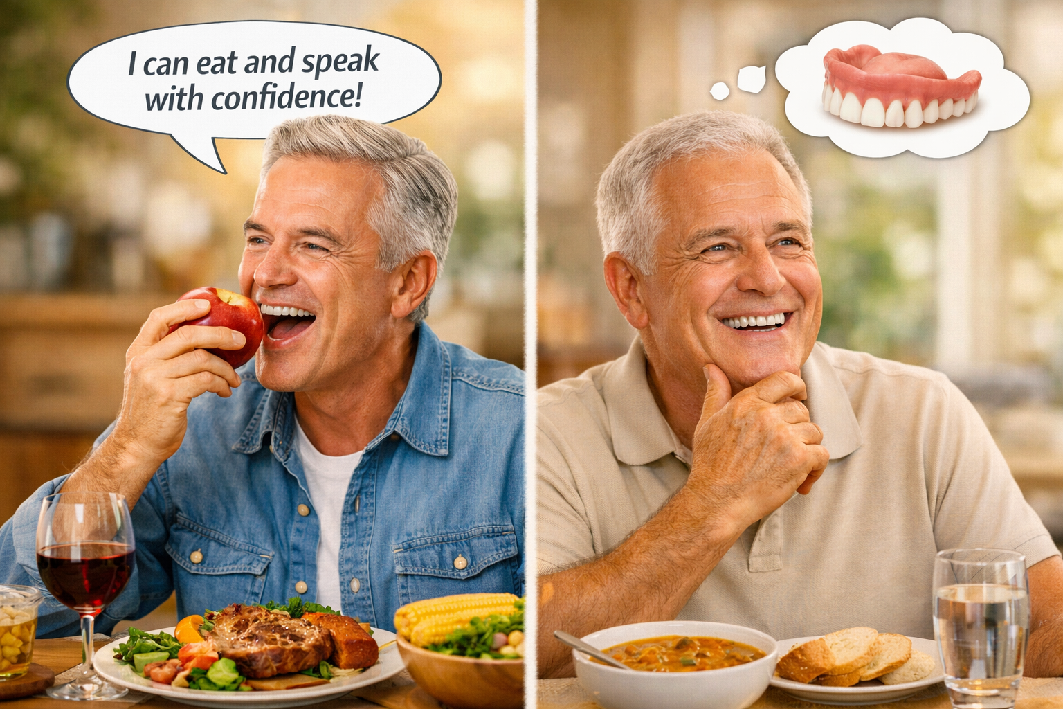 Landscape format (1536x1024) image demonstrating the quality-of-life differences. One side shows a happy individual confidently eating an ap
