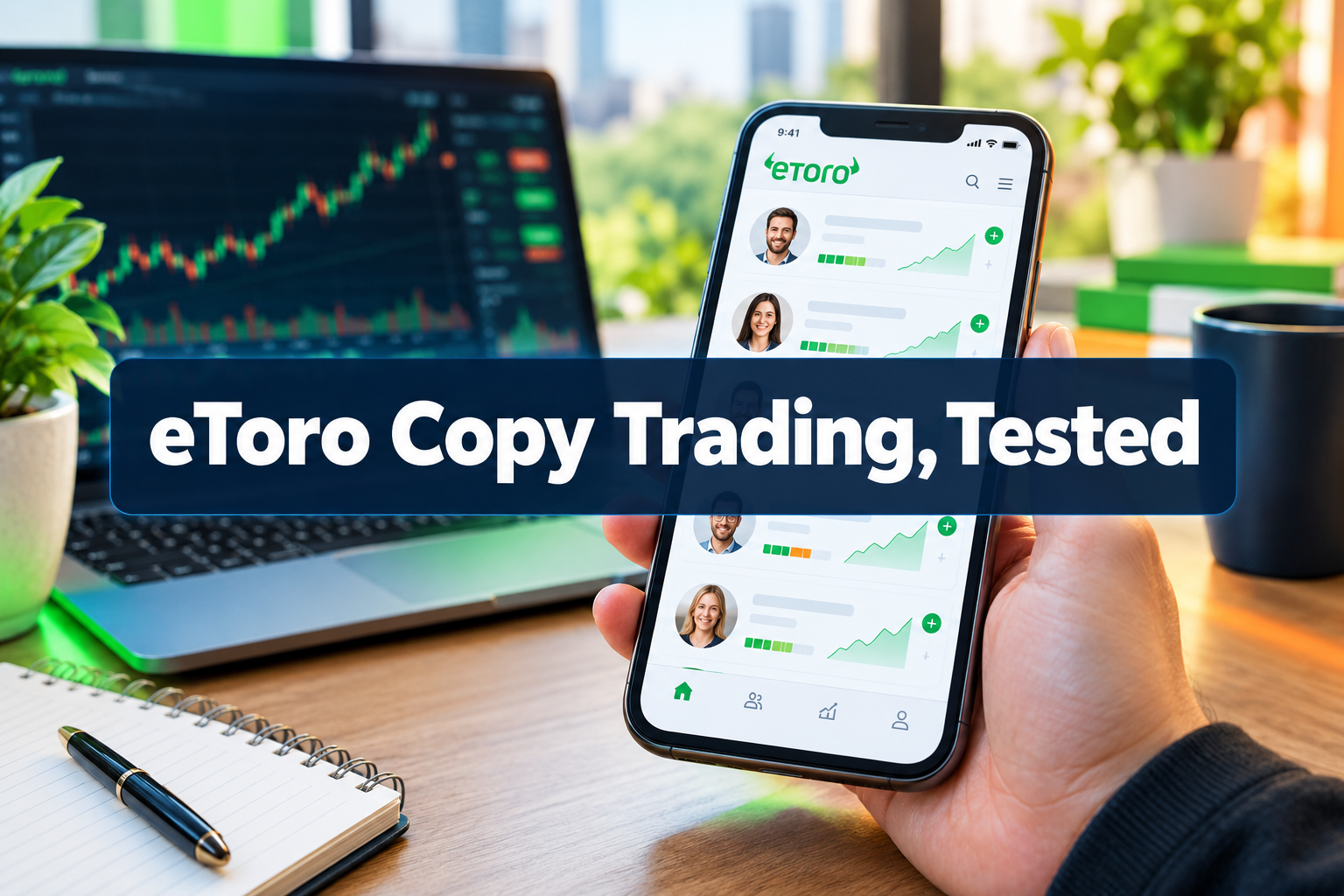 Professional () hero image with 'eToro Copy Trading, Tested' in crisp white on a dark navy semi-transparent panel, centered