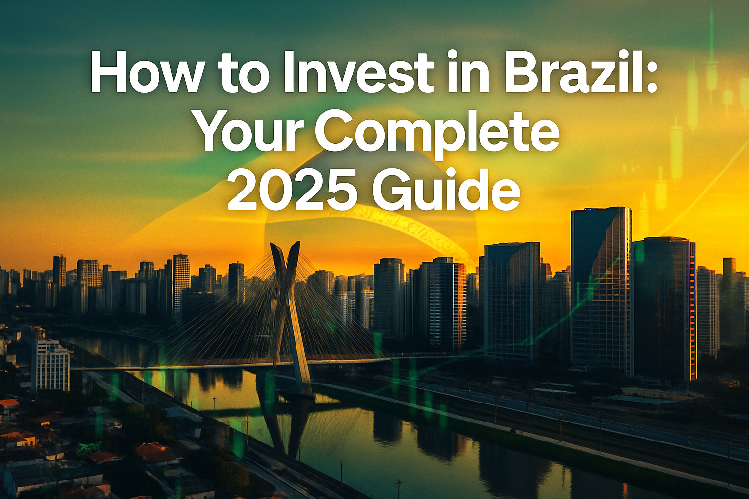 Professional landscape hero image (1536x1024) featuring bold text overlay 'How to Invest in Brazil: Your Complete 2025 Guide' in extra large