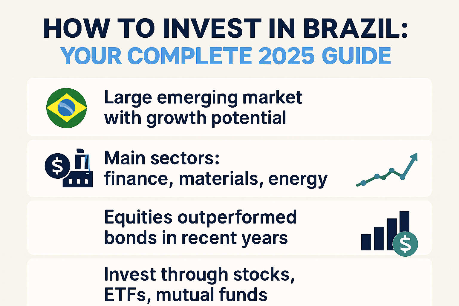 Professional landscape infographic (1536x1024) for article "How to Invest in Brazil: Your Complete 2025 Guide", section: "Key Takeaways". In