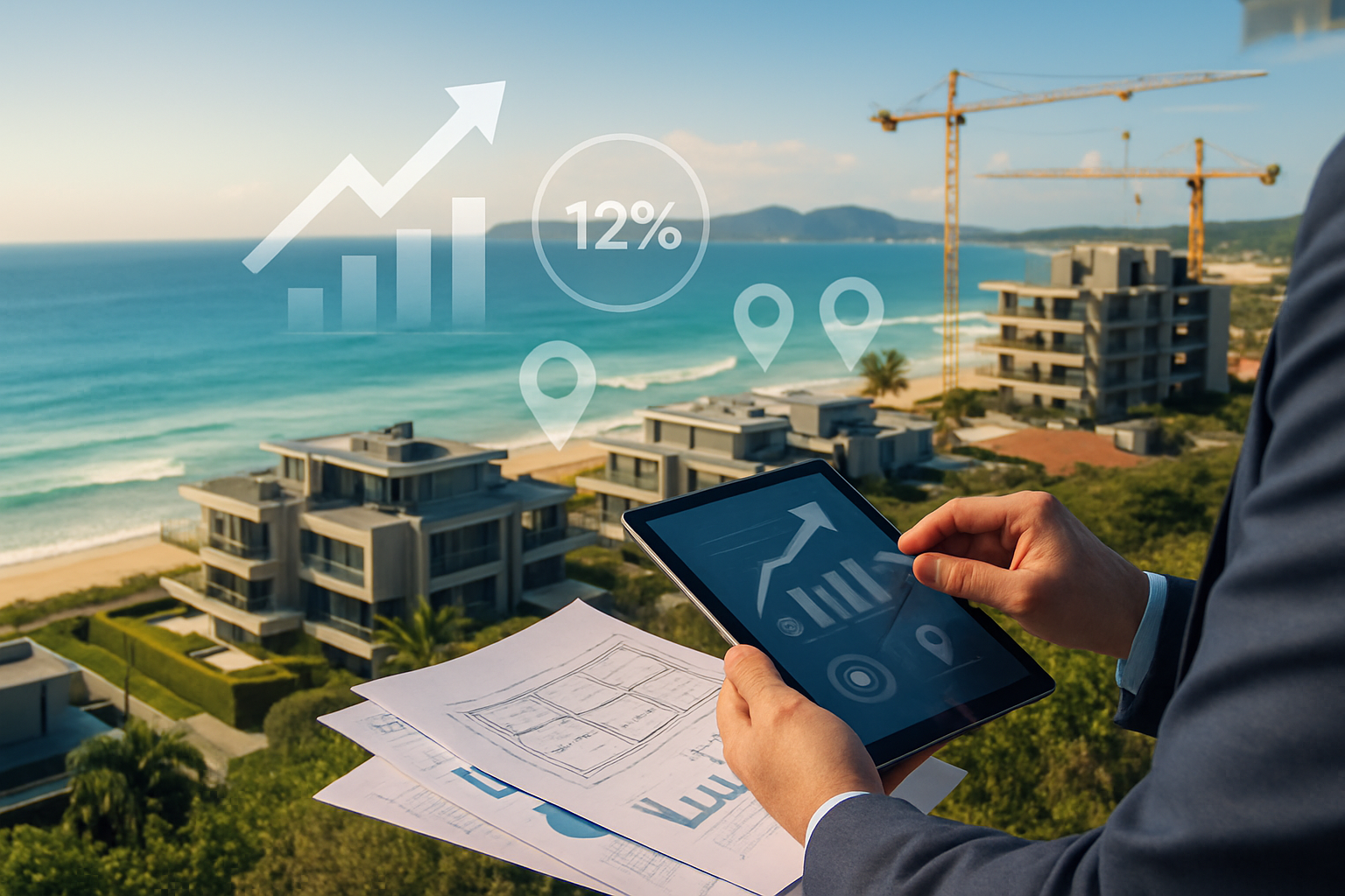 High-quality landscape photograph (1536x1024) of modern Brazilian real estate development in Florianópolis showing luxury beachfront propert