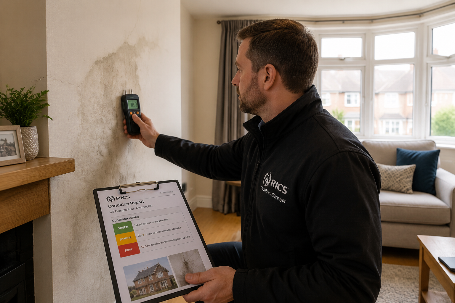 Wide-angle editorial photograph of a RICS chartered surveyor conducting a visual inspection inside a modern UK semi-detached