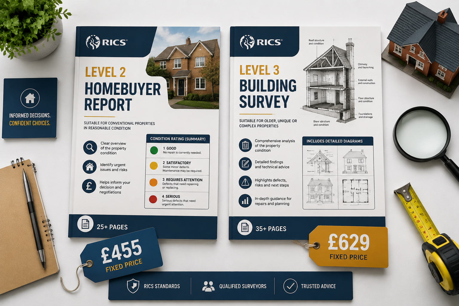 Flat-lay infographic style image on a clean white desk surface showing two survey report documents side by side — one