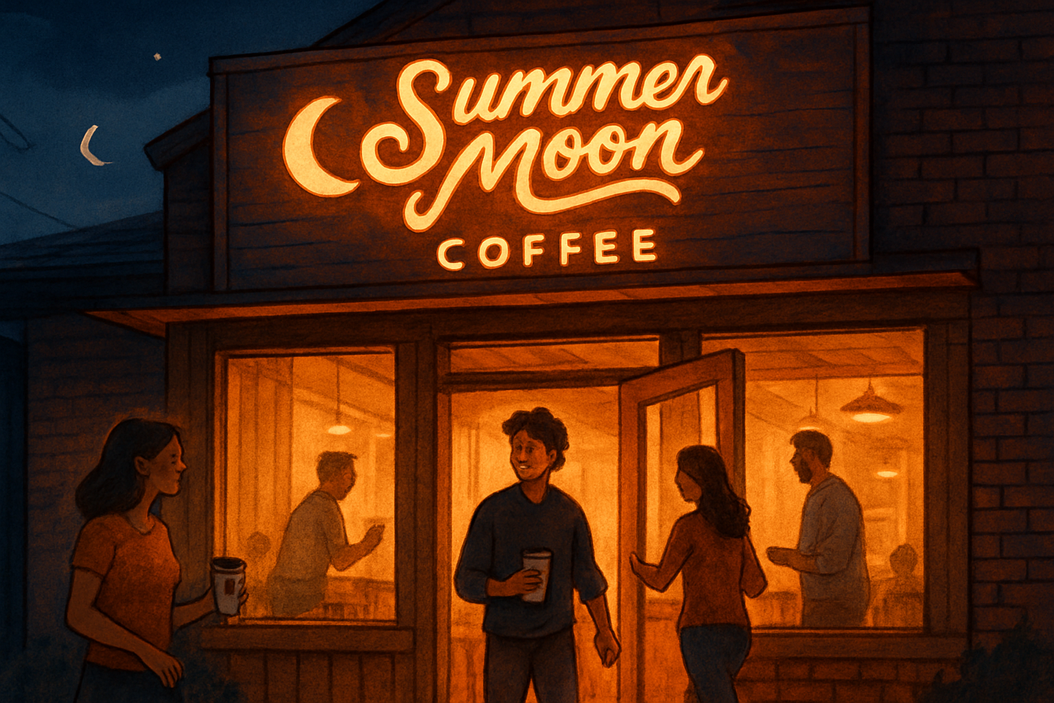 An inviting, warm illustration of a Summer Moon Coffee shop facade at dusk, with soft lighting emanating from inside, highlighting the 'Summ