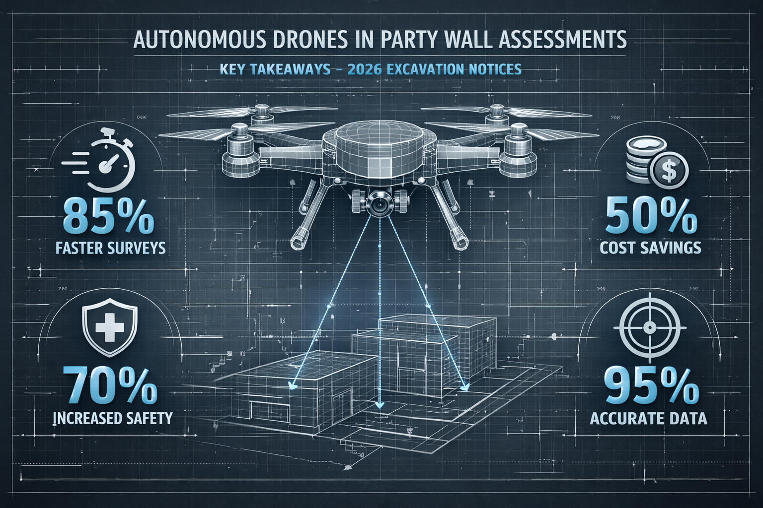 Key Takeaways infographic visualizing autonomous drone technology in party wall assessments, featuring 4-5 numerical