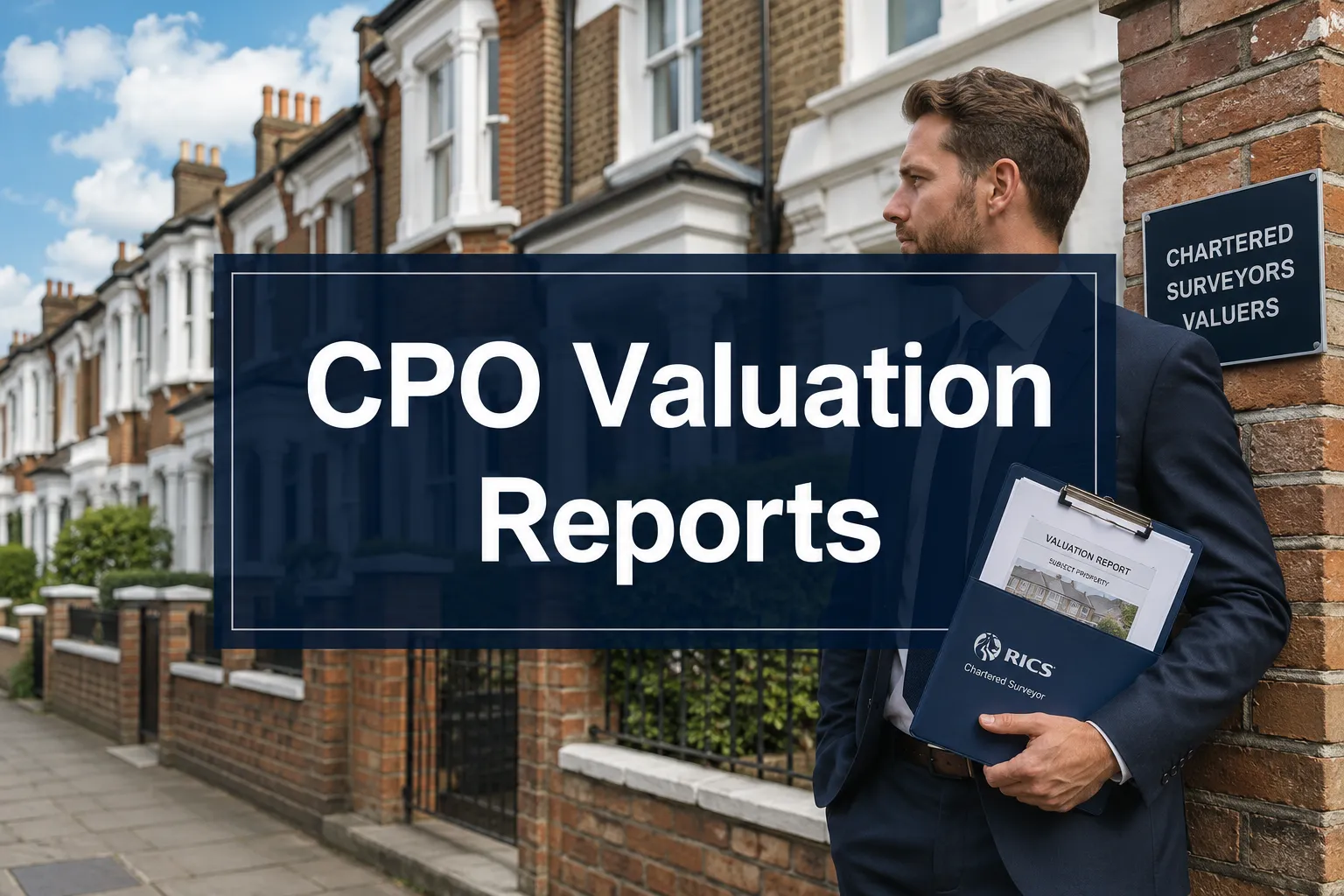 Professional () hero image with 'CPO Valuation Reports' in crisp white on a deep navy semi-transparent panel, centered with