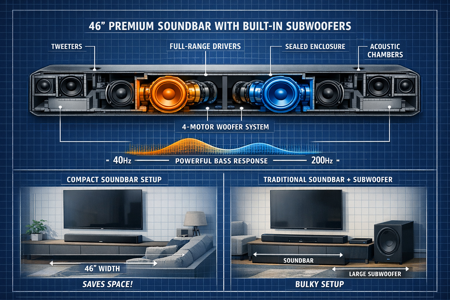 Soundbars with Built-in Subwoofers Detailed landscape format (1536x1024) editorial image showing cross-section technical diagram of premium soundbar with built-in subwoofer dr