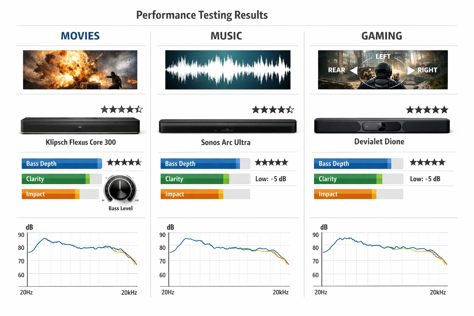 Soundbars with Built-in Subwoofers Landscape format (1536x1024) comparison chart showing performance testing results across three categories: movies, music, and gaming. Visual