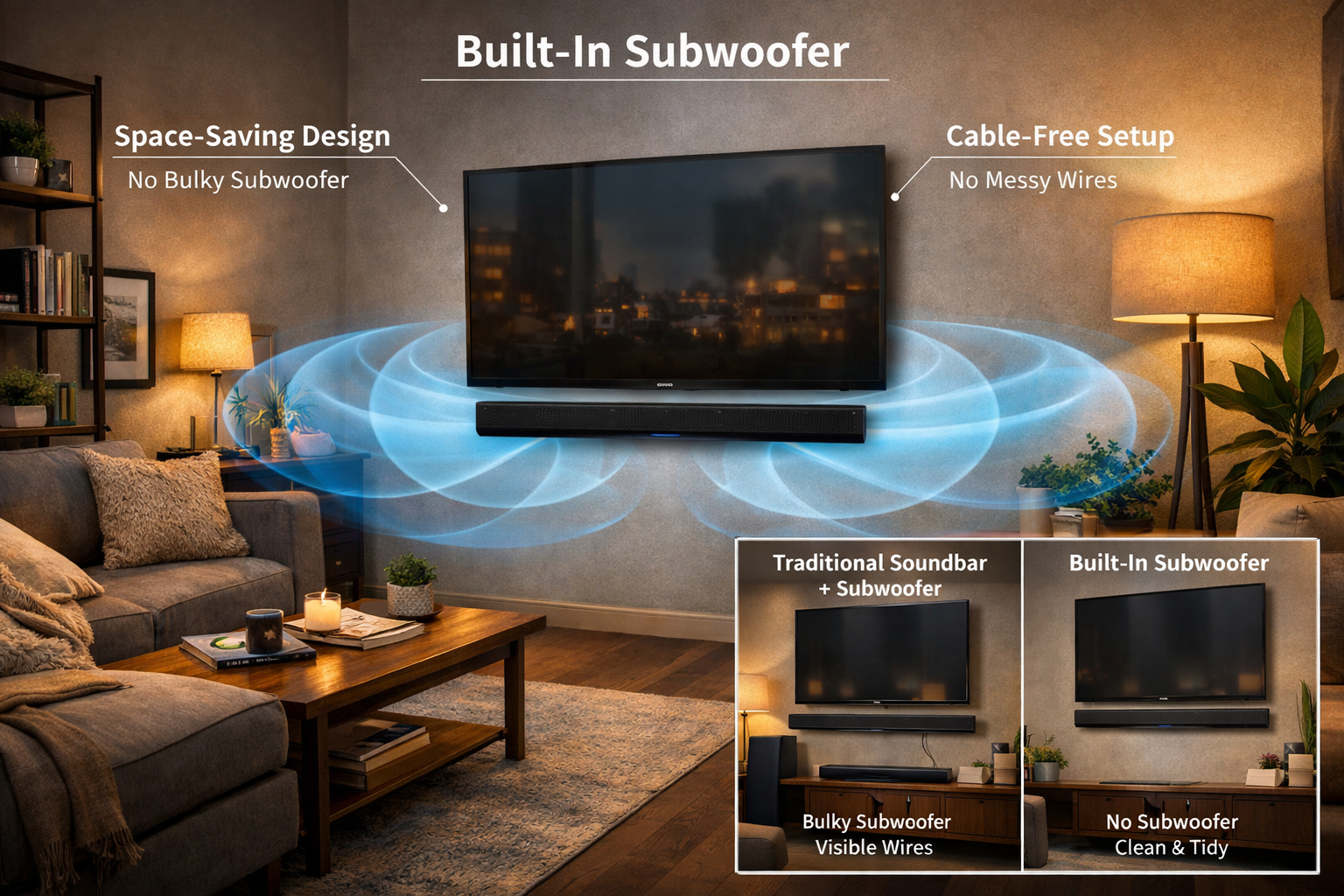 Soundbars with Built-in Subwoofers Detailed landscape format (1536x1024) lifestyle image of modern compact apartment living room setup showcasing wall-mounted soundbar with bu