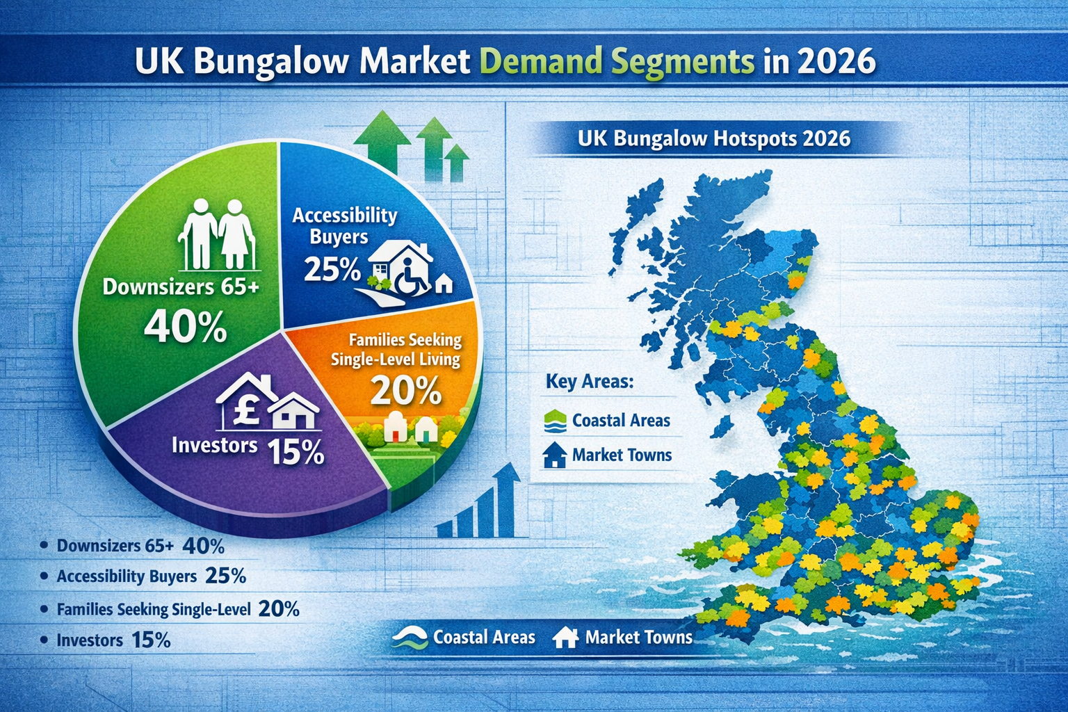 Landscape format (1536x1024) detailed infographic showing UK bungalow market demand segments in 2026, featuring pie chart with color-coded s