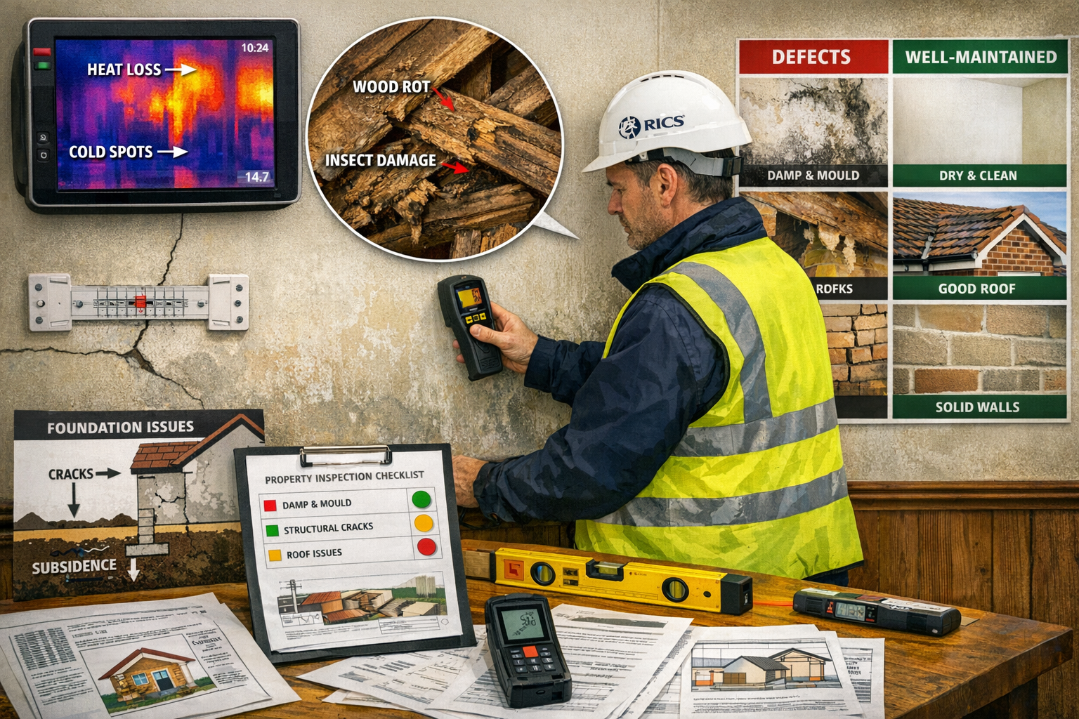 Landscape format (1536x1024) comprehensive building survey inspection scene showing RICS chartered surveyor conducting detailed structural a