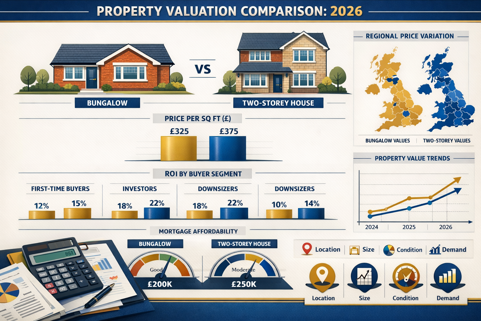Landscape format (1536x1024) professional property valuation comparison table showing bungalow versus two-storey house values across differe