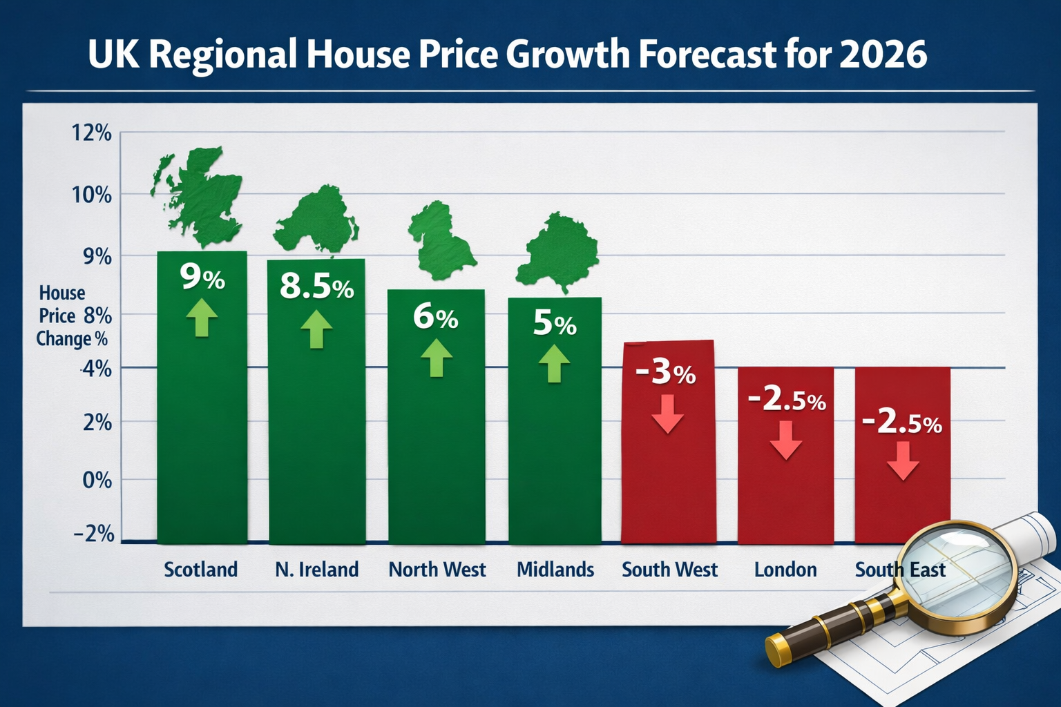 () detailed infographic showing UK regional house price growth comparison chart for 2026, featuring vertical bar graph with