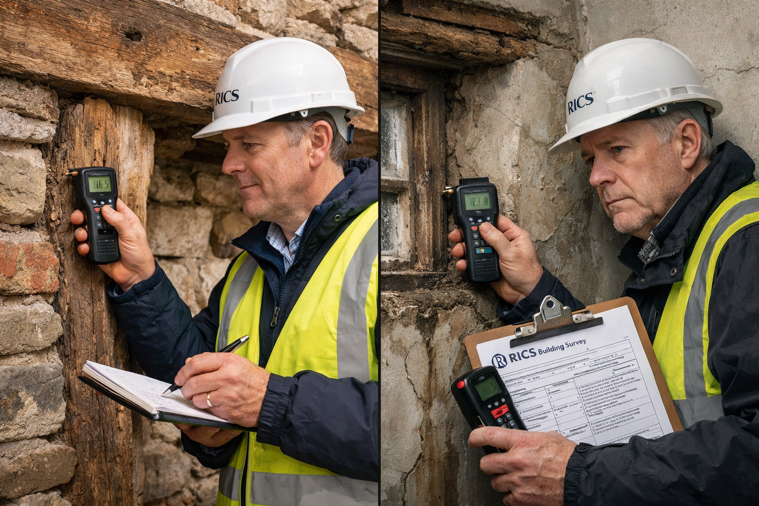 () split-screen comparison photograph showing two chartered surveyors conducting building condition assessments in