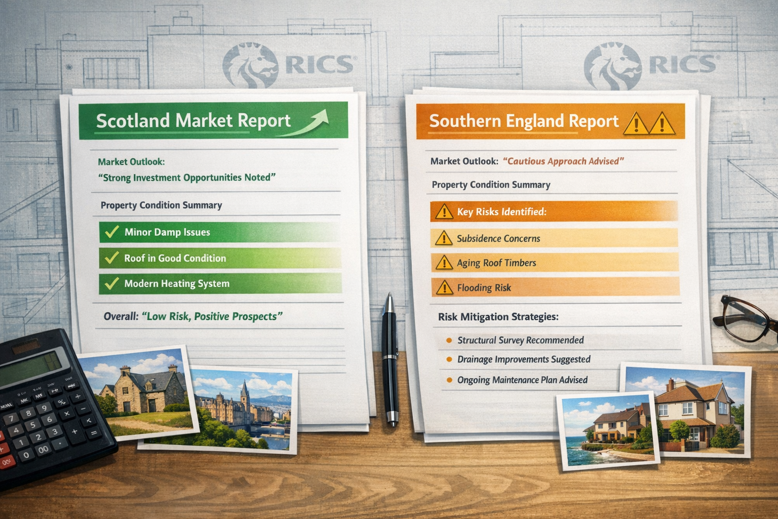 () conceptual illustration showing tailored survey report documents side-by-side for regional market differences. Left
