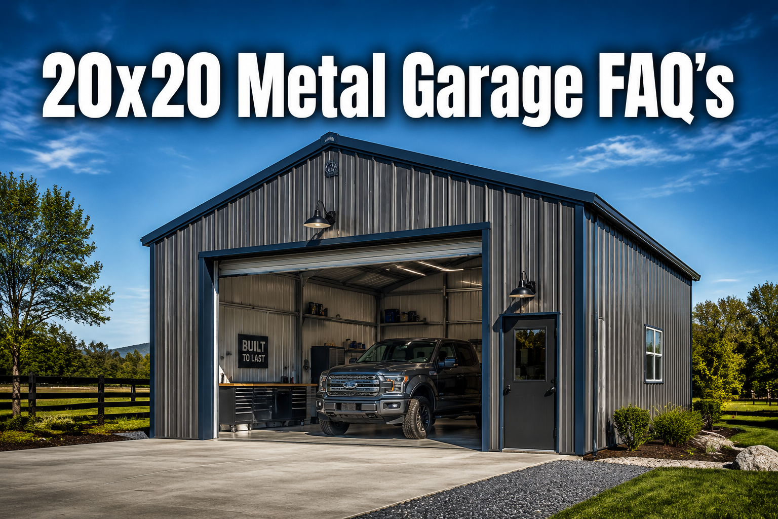 Professional () hero image with : '20x20 Metal Garage FAQ's' in extra large white with dark drop , centered in upper third