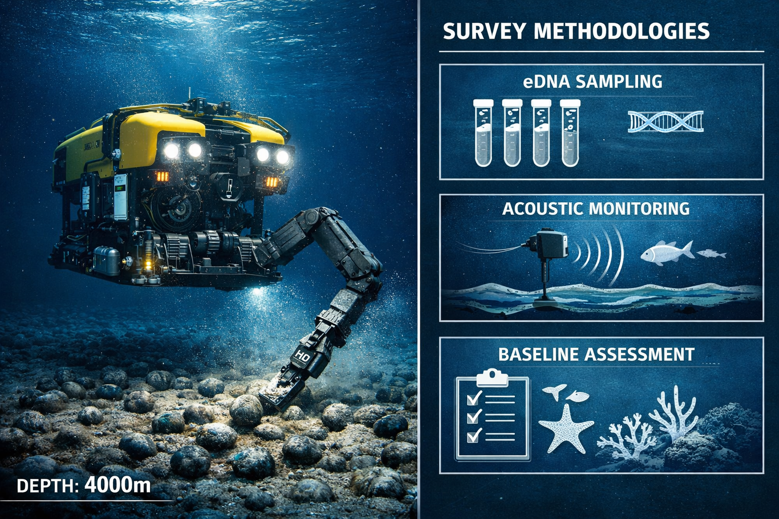 Detailed () editorial image showing split-screen composition: left side displays underwater ROV vehicle with HD cameras and