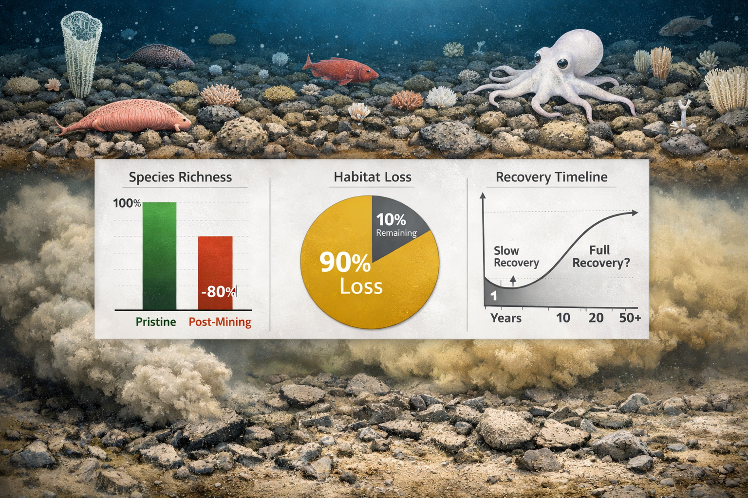 Comprehensive () scientific visualization showing comparative biodiversity impact assessment: top portion displays pristine