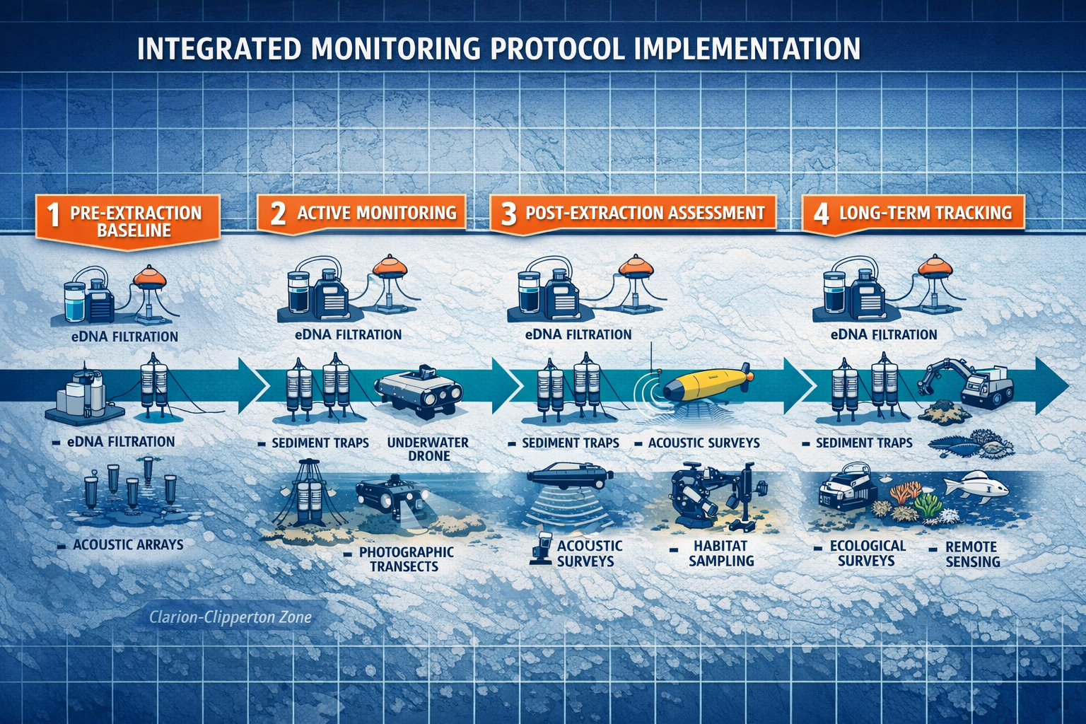 Detailed () technical workflow diagram showing integrated monitoring protocol implementation: central timeline arrow flowing