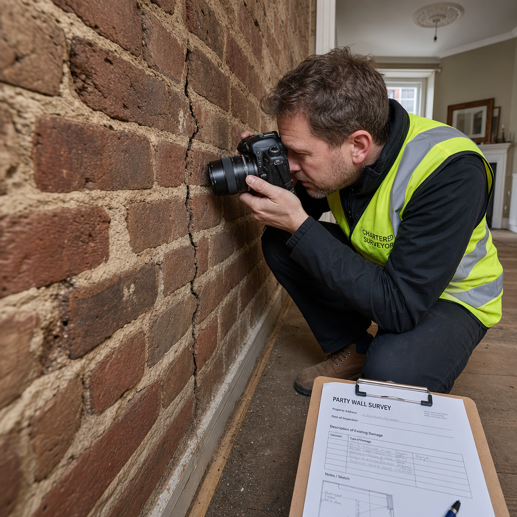Detailed () showing a professional chartered surveyor in high-visibility vest crouching beside a brick party wall, using a