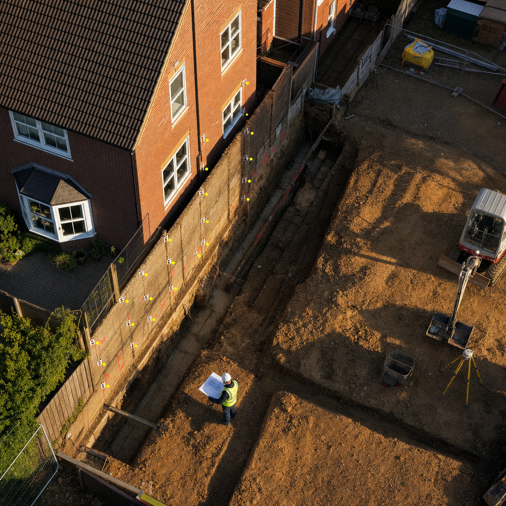 () overhead bird's-eye view of a construction site adjacent to a semi-detached property, showing excavation trenches near a