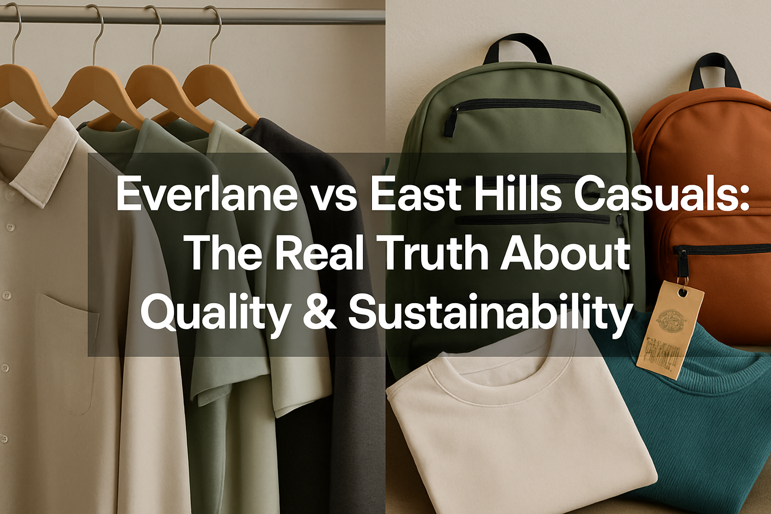 Professional landscape hero image (1536x1024) featuring bold text overlay 'Everlane vs East Hills Casuals: The Real Truth About Quality & Su