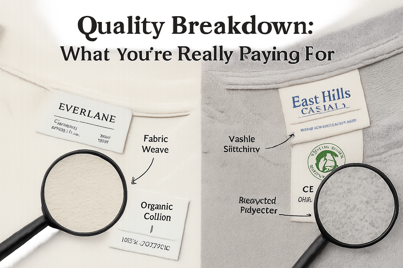 Detailed editorial image (1536x1024) showing close-up comparison of fabric quality and construction details, left side features Everlane clo