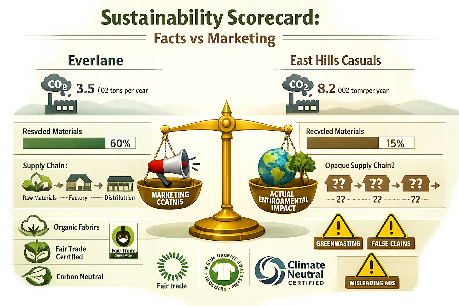 Landscape infographic image (1536x1024) illustrating sustainable fashion comparison chart between Everlane and East Hills Casuals. Visual el
