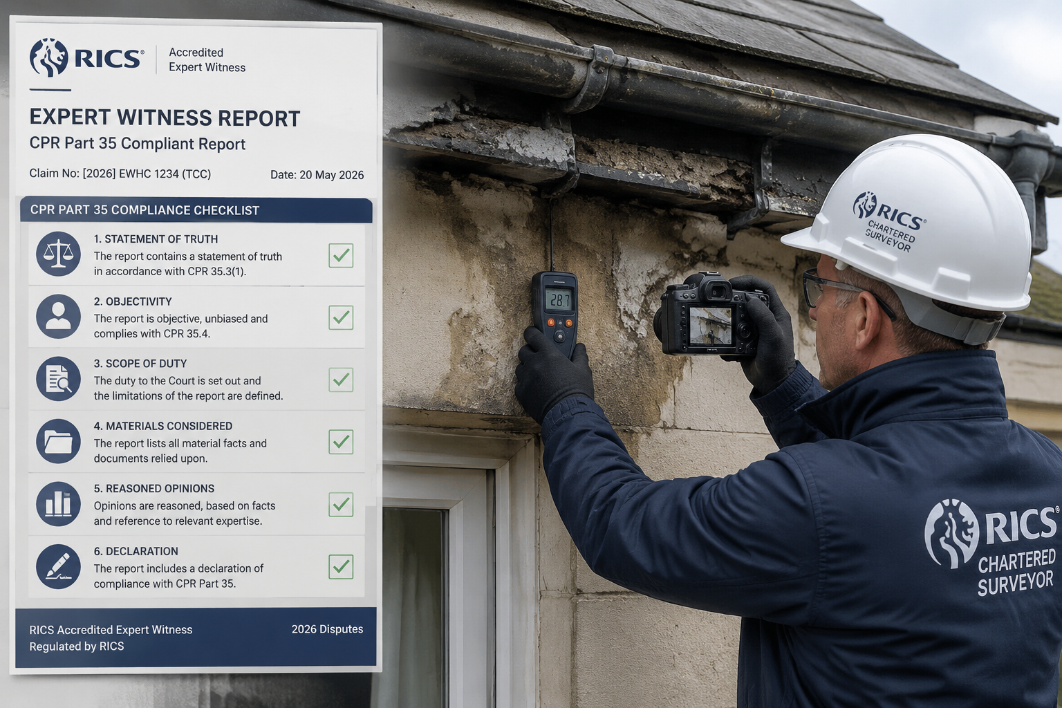 () editorial illustration showing a RICS-accredited chartered surveyor conducting a detailed forensic site investigation of