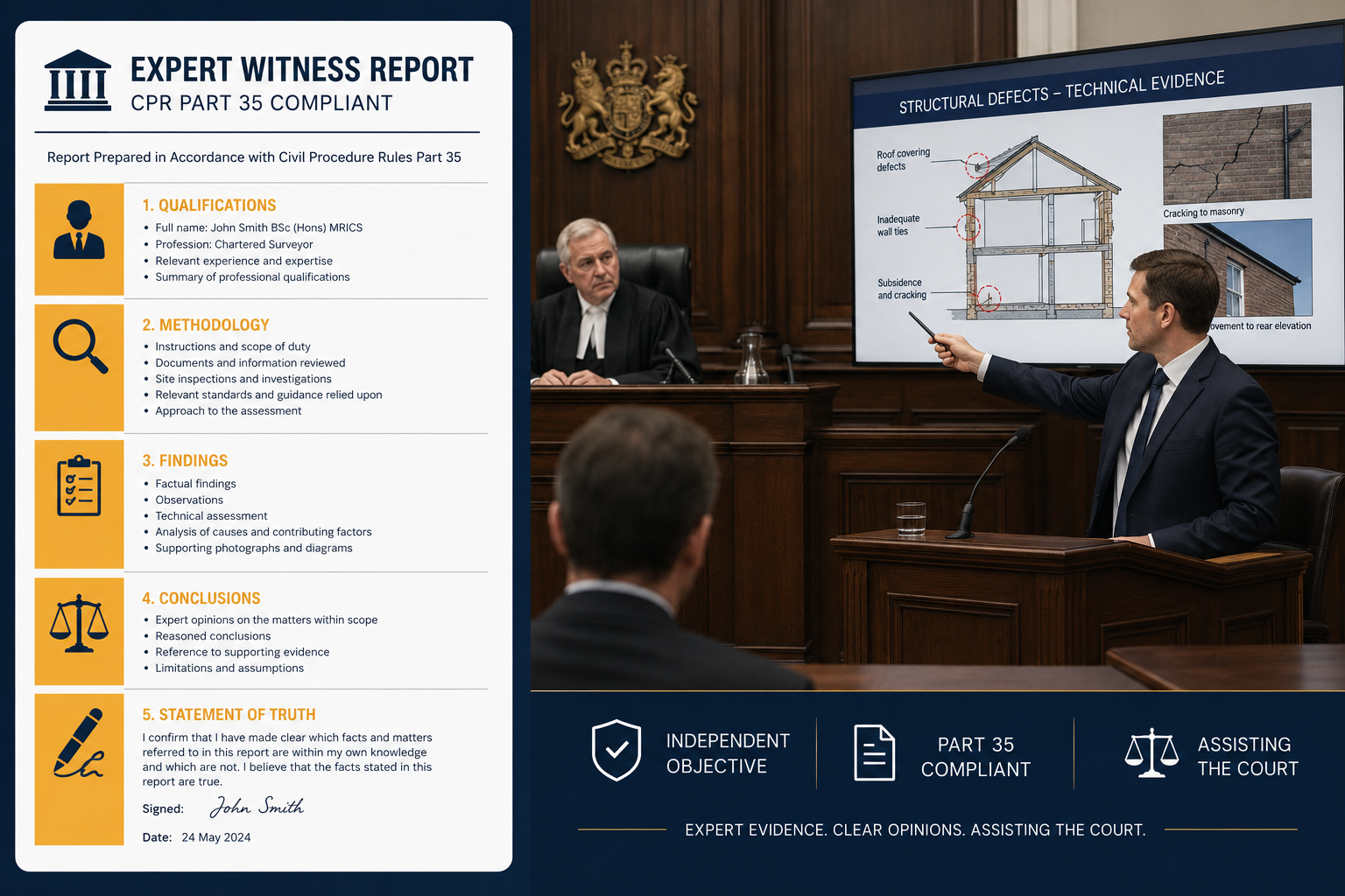 () split-composition infographic image: left side shows a structured expert witness report document with clearly labelled