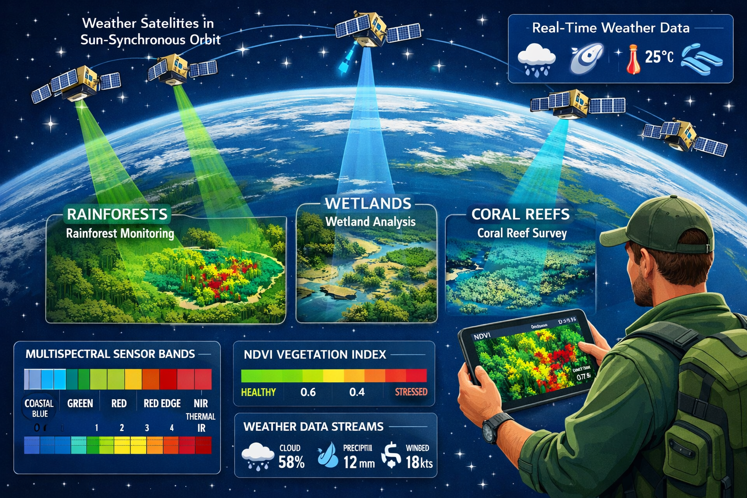 Detailed landscape format (1536x1024) illustration showing constellation of small weather satellites in sun-synchronous orbit around Earth,