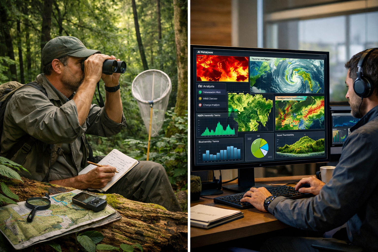 Detailed landscape format (1536x1024) split-screen comparison showing traditional biodiversity survey methods versus satellite-enhanced moni