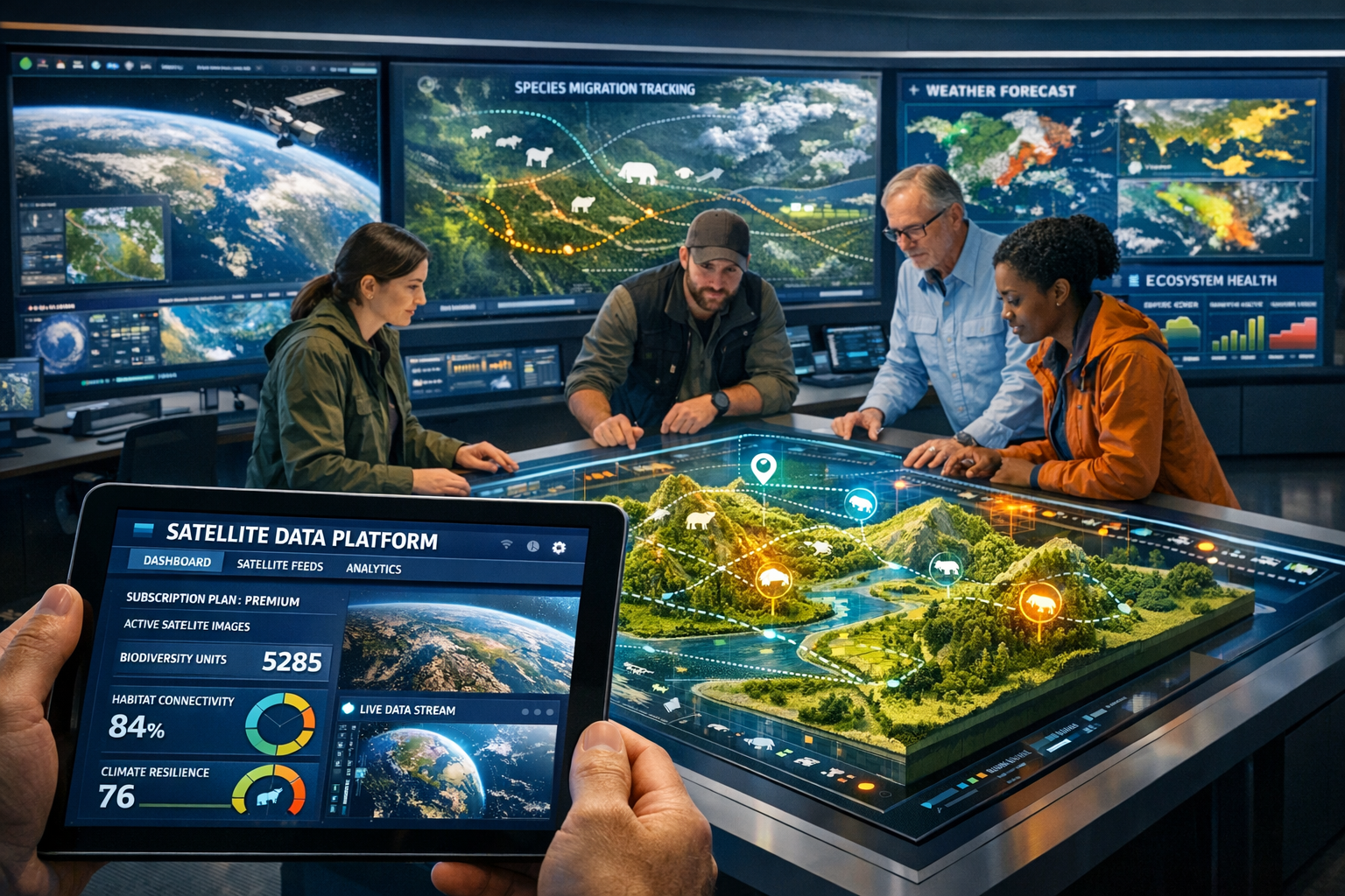 Detailed landscape format (1536x1024) futuristic biodiversity monitoring command center for 2026, showing large wall displays with real-time