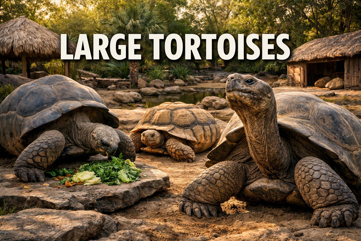Professional landscape hero image (1536x1024) featuring magnificent large tortoise species including Aldabra giant tortoise, African sulcata