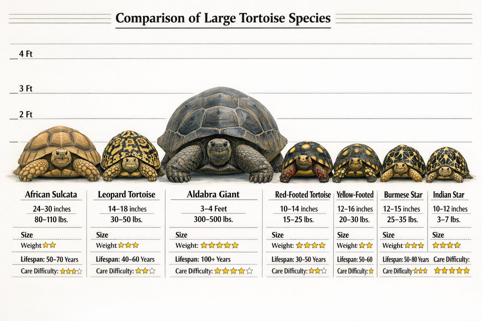 Detailed comparison chart showing the top 7 large tortoise species side by side - African Sulcata, Leopard Tortoise, Aldabra Giant, Red-foot