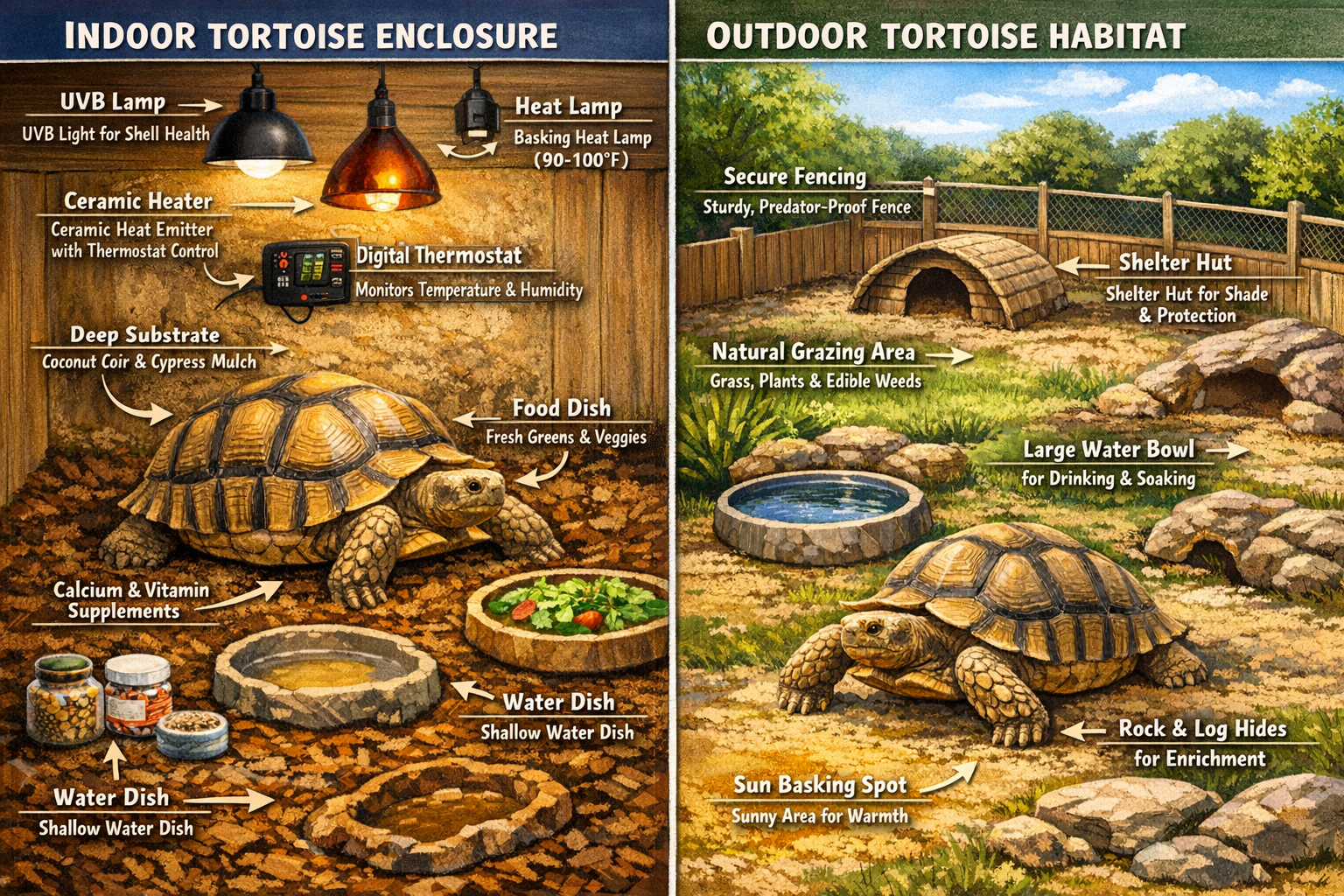 Comprehensive tortoise care setup visualization showing both indoor and outdoor habitat requirements for large tortoises. Split-screen compo