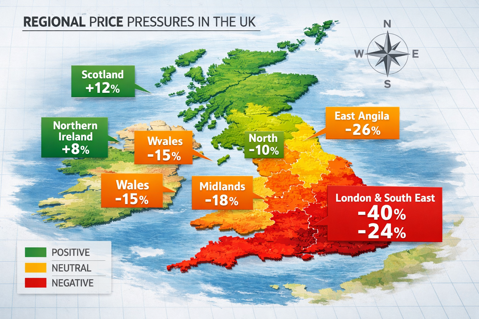 Dramatic bird's-eye landscape () infographic-style illustration showing UK map with colour-coded regional price pressure