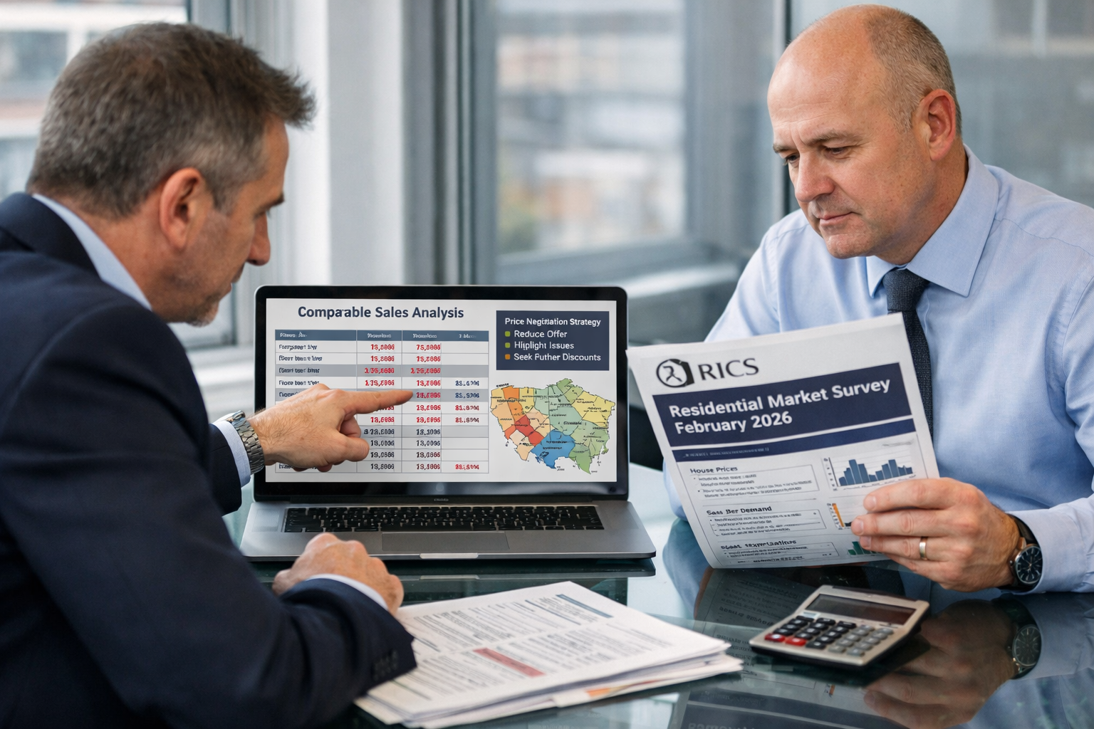 Close-up landscape () of two professional chartered surveyors at a glass boardroom table in a North London office, one