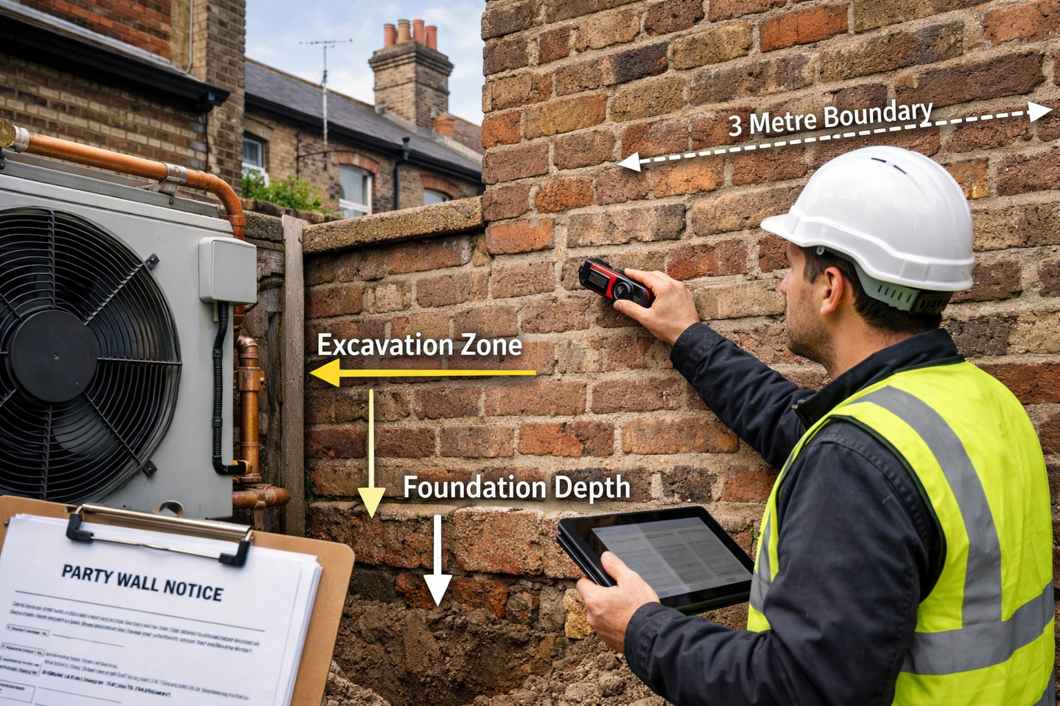 Detailed () image showing close-up view of surveyor conducting party wall inspection at shared boundary between two UK