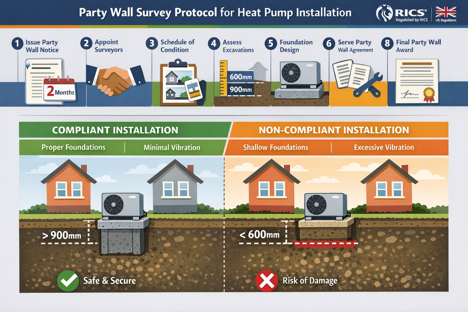 Comprehensive () infographic-style image displaying party wall survey protocol flowchart for heat pump installations. Visual