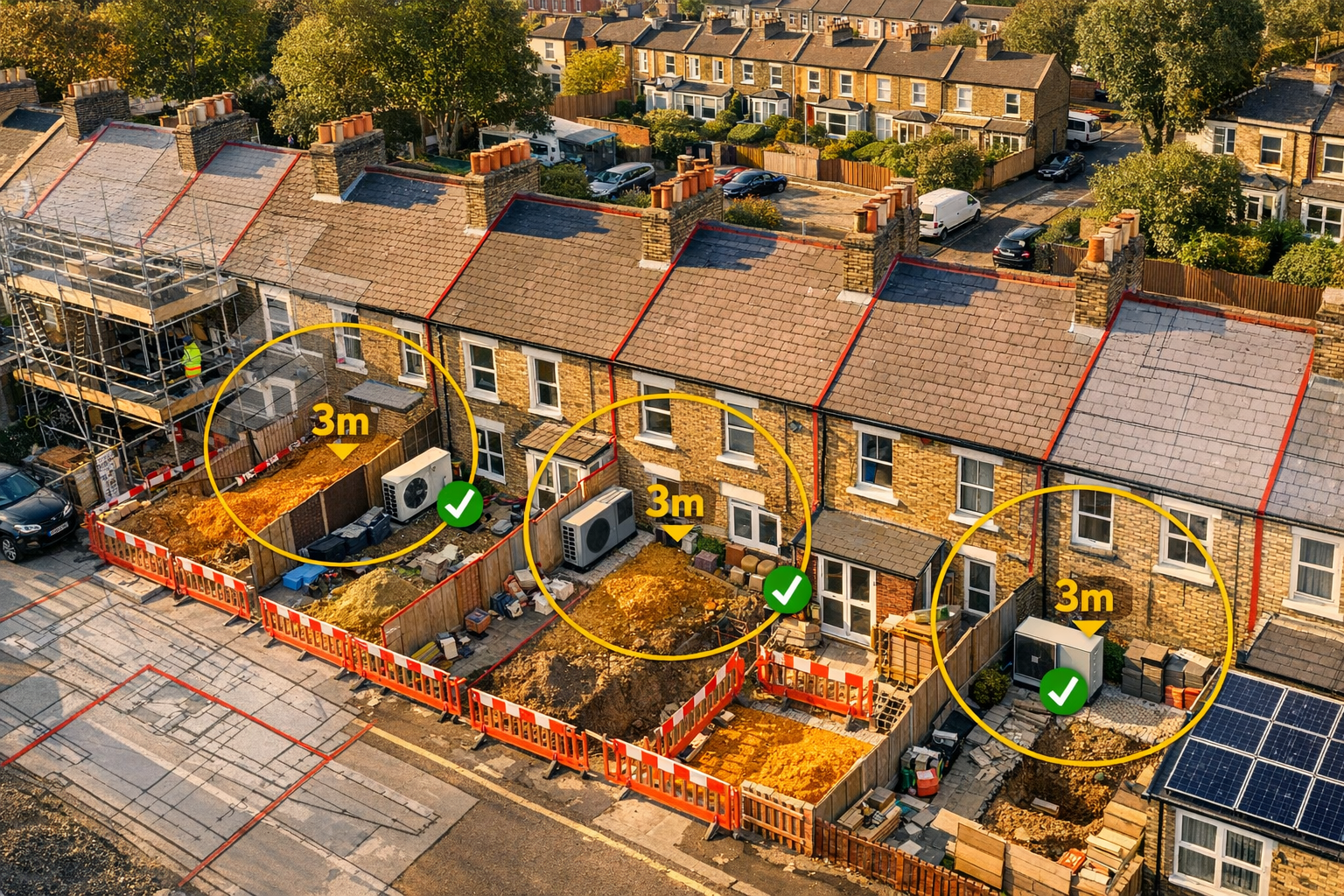 Detailed () image showing aerial perspective of densely packed UK urban terraced housing street with multiple properties