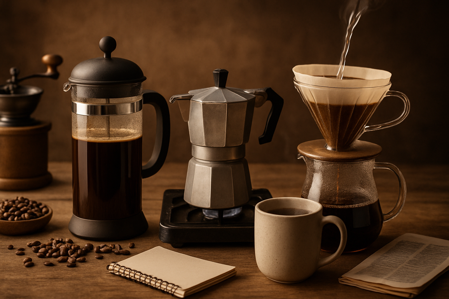 A beautifully composed landscape image showcasing various manual coffee brewing methods side-by-side: a French press with rich dark coffee, 