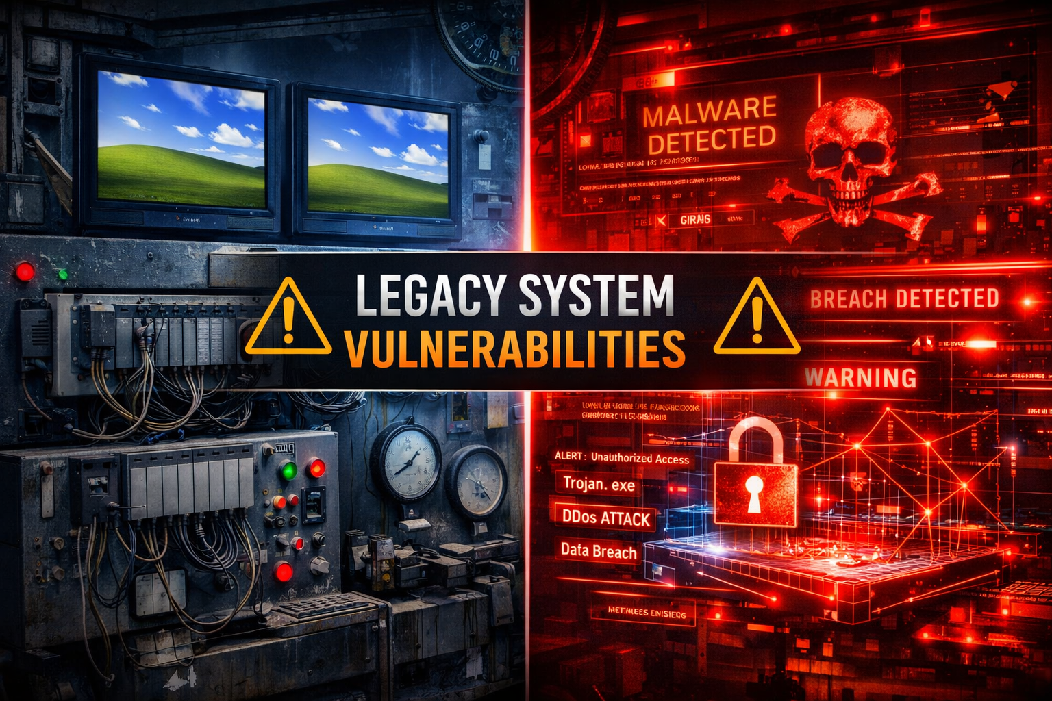 Detailed () image showing a split-screen comparison of legacy manufacturing systems versus modern threats. Left side