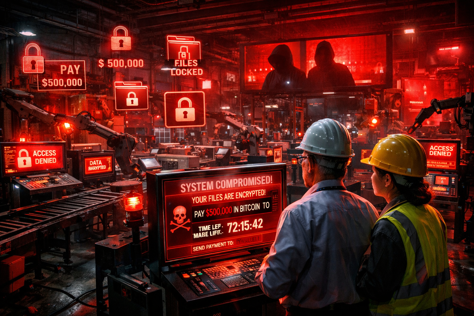 () detailed visualization of manufacturing ransomware attack scenario. Shows factory floor with production lines grinding to