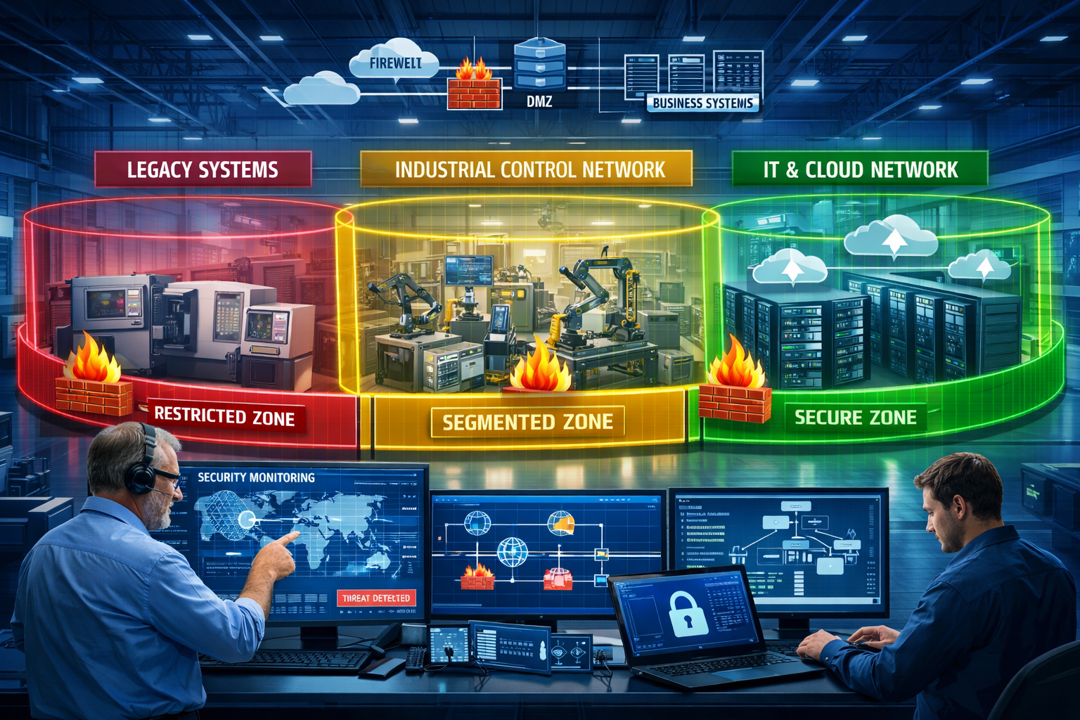 Professional () image depicting network segmentation strategy in manufacturing environment. Shows industrial facility with