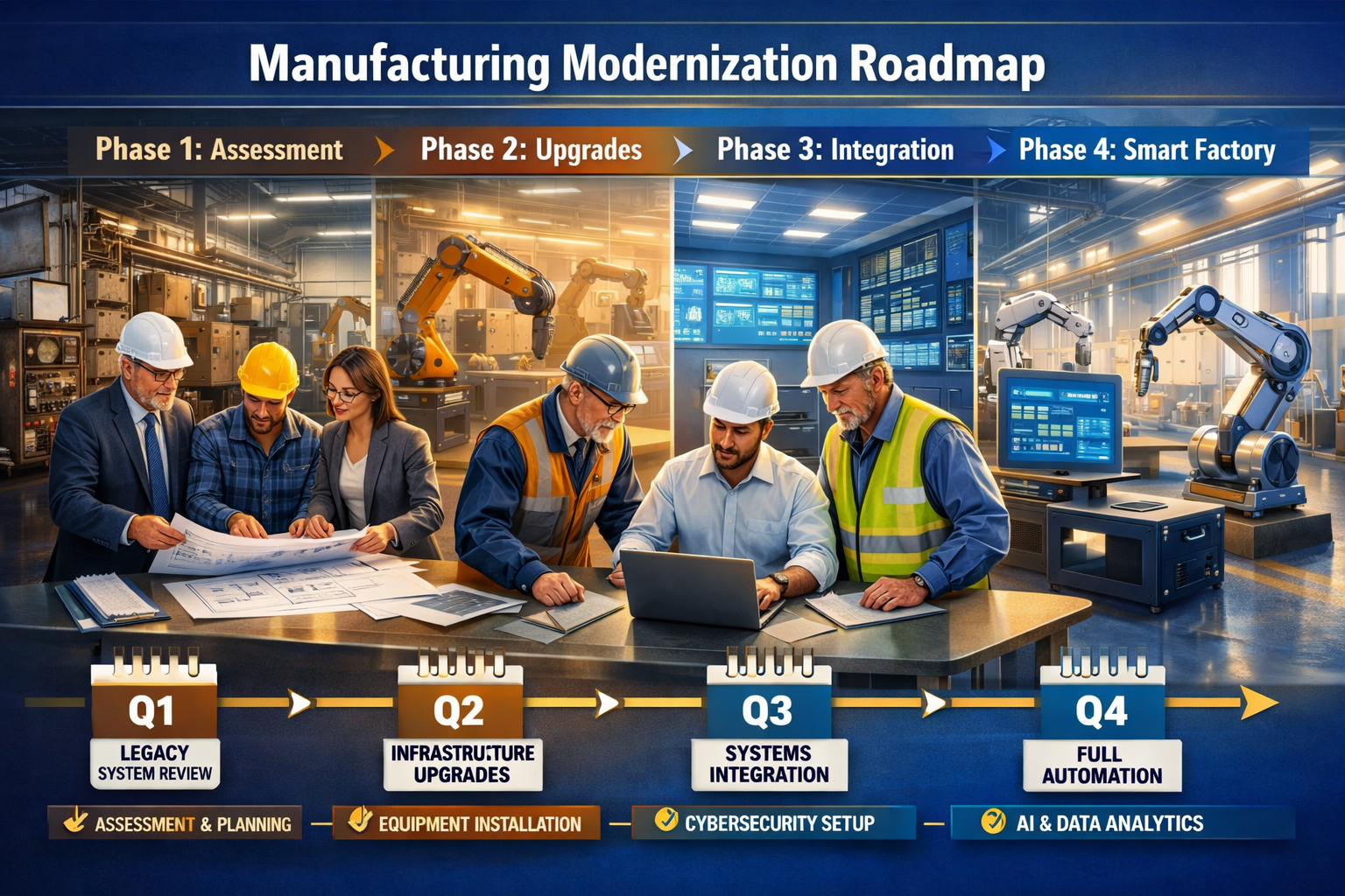 () image showing manufacturing modernization roadmap timeline. Visual displays factory transformation from left to right: