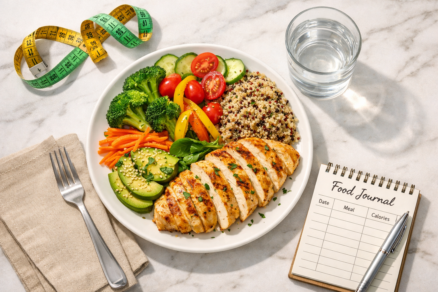 Professional hero image: a clean, well-lit flat-lay of a balanced meal plate with grilled chicken, colorful vegetables,
